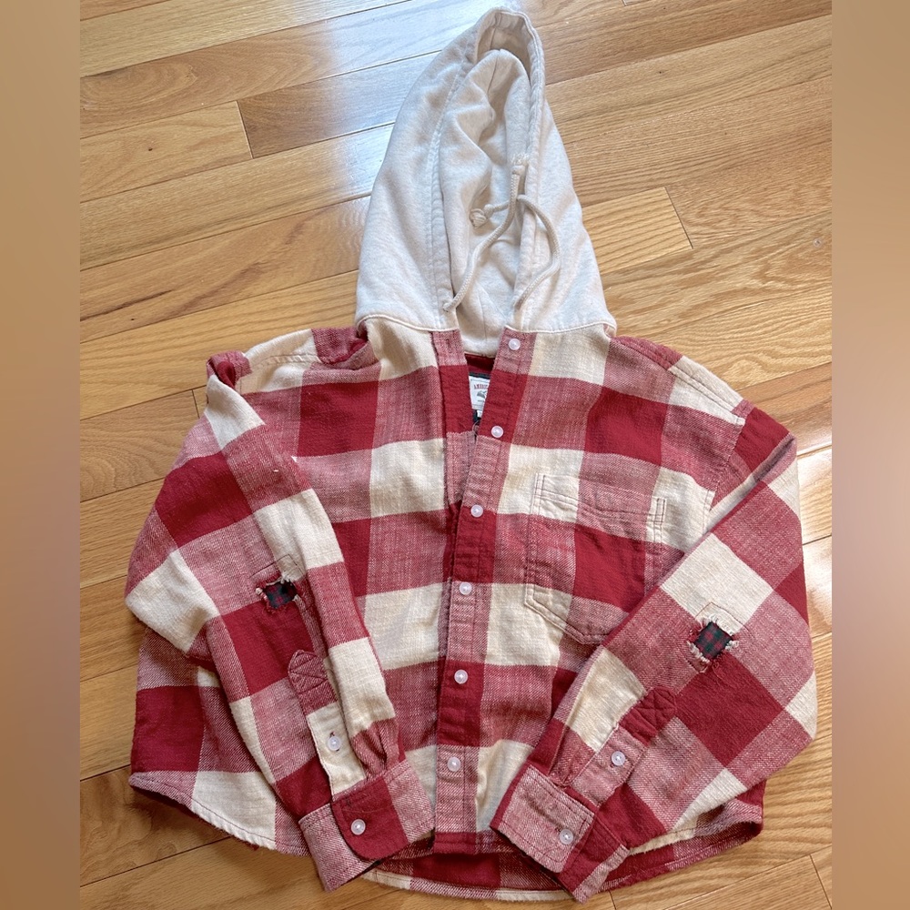 AE red/beige plaid flannel shirt with hood, size L
